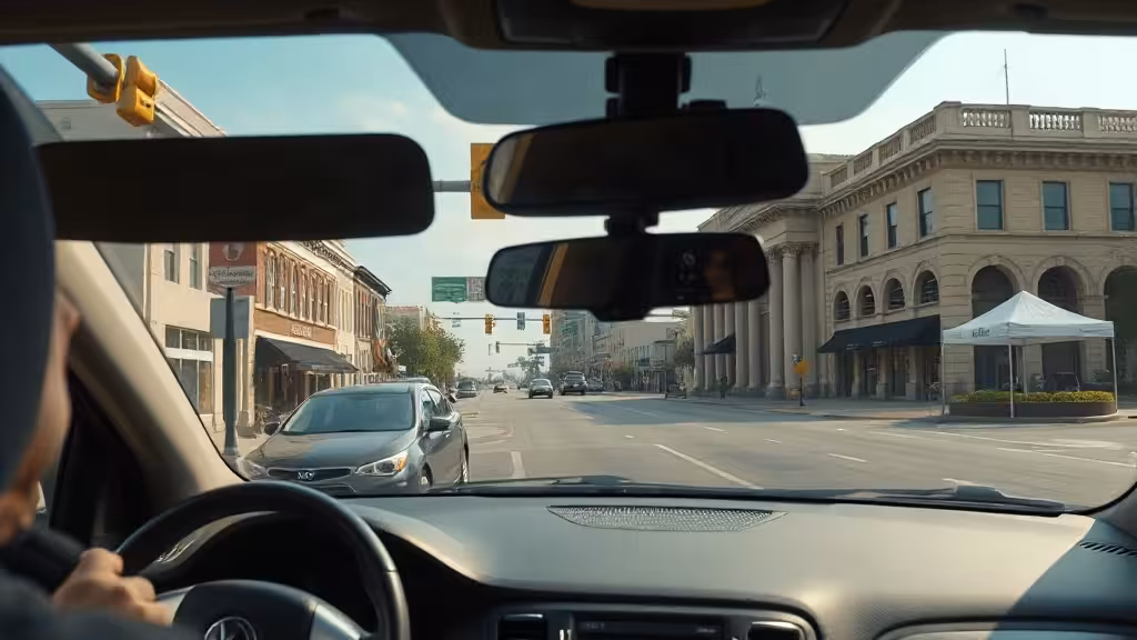 Alabama dash cam laws illustrated by a windshield camera overlooking a calm civic street.