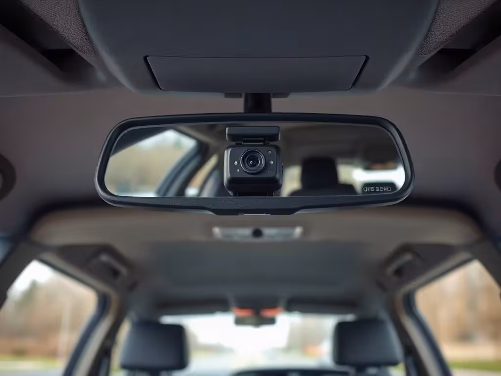 Dash camera mounted near the rearview mirror without blocking the Alabama driver's view.