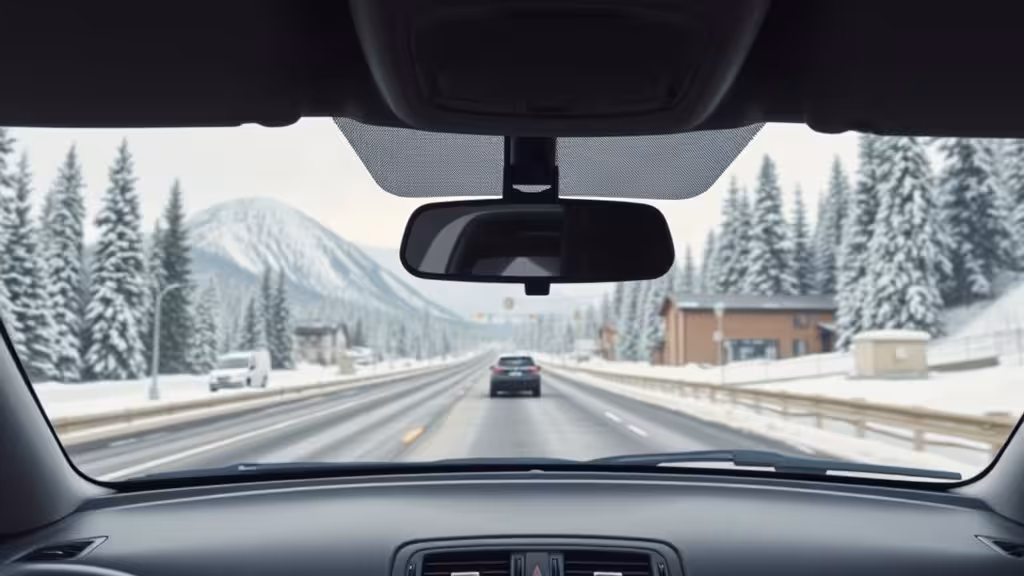 Alaska dash cam laws affect camera placement on an unobstructed windshield near a snowy roadway.
