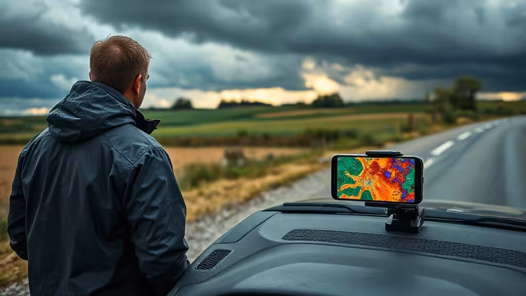 Meilleure application radar météo affichée pendant une surveillance d’orage sur une route rurale.