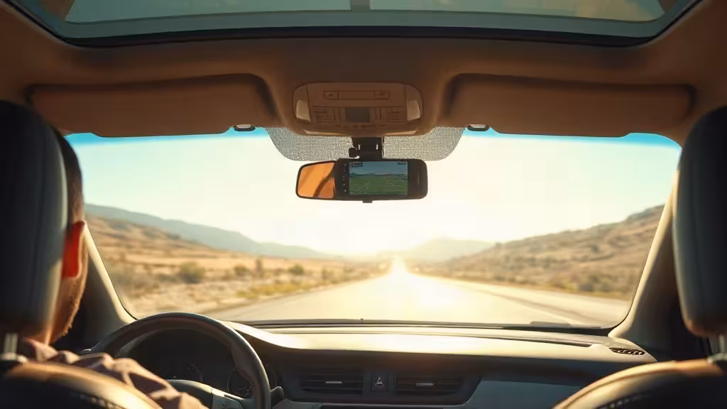 California dash cam laws illustrées par une caméra fixée au pare-brise sur une route côtière.