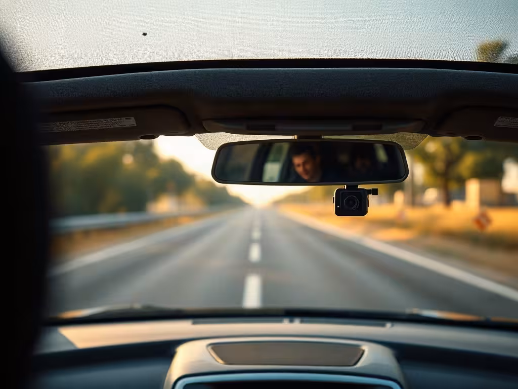 Position conforme aux règles californiennes de fixation d’une caméra embarquée sur le pare-brise.