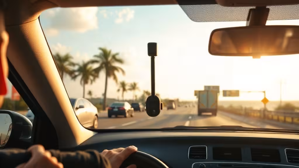 Florida dash cam laws illustrées par une caméra embarquée sur une route côtière.