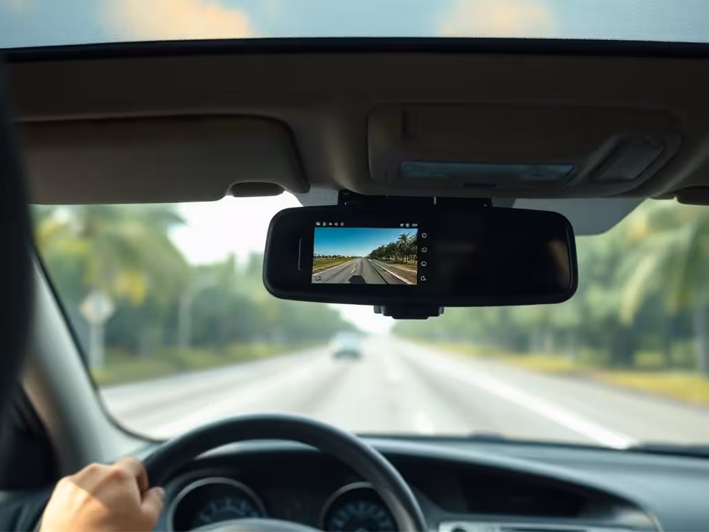 Montage conforme aux Florida dash cam laws derrière le rétroviseur intérieur.