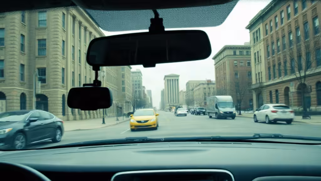Illinois dash cam laws illustrated by a windshield camera overlooking a calm urban street.