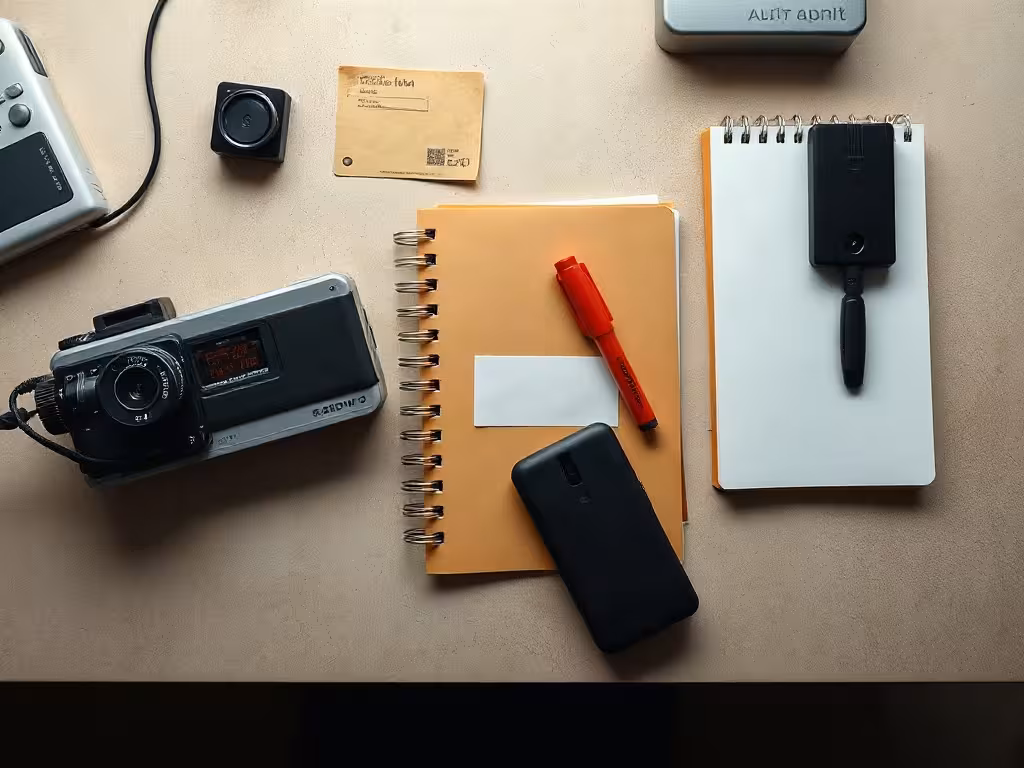 Preserved Illinois dash-cam evidence arranged with storage media, an envelope, and documentation tools.