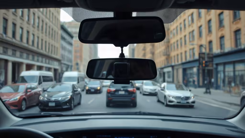 New York dash cam laws illustrated by a discreet windshield camera overlooking a city street.