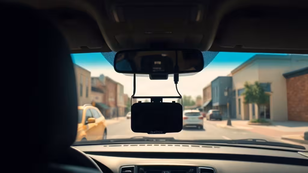 Texas dash cam laws illustrated by a windshield camera overlooking a sunlit urban roadway.