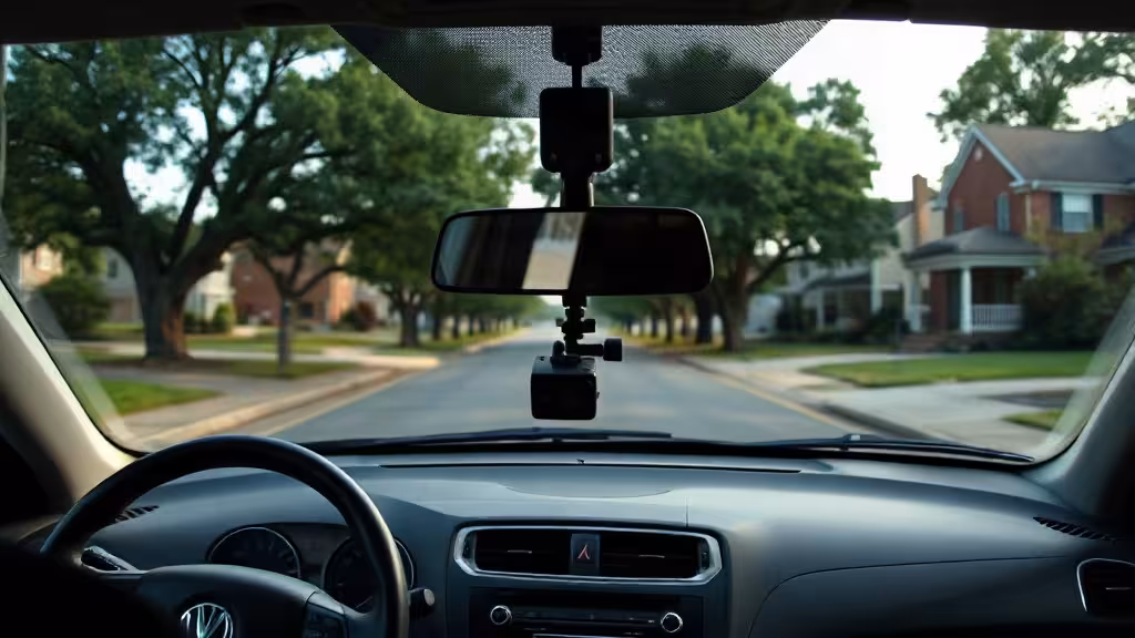 Caméra embarquée correctement fixée sur un pare-brise selon les lois virginiennes sur les dash cams.