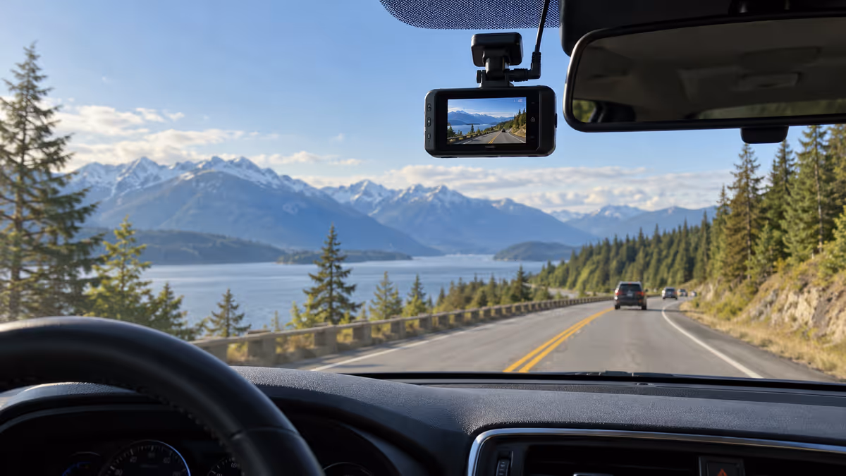 A dash camera records through a car windshield.