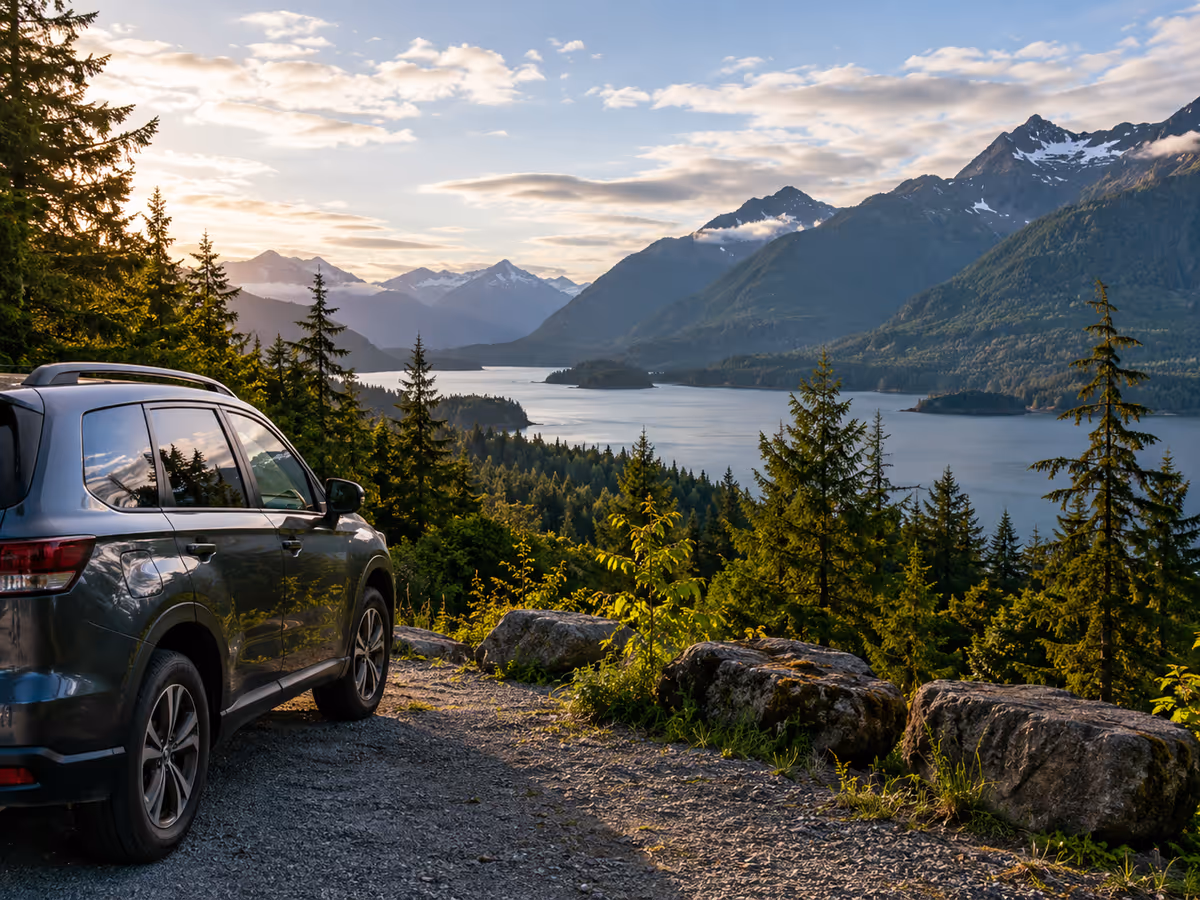 A car is parked near a Pacific Northwest landscape.