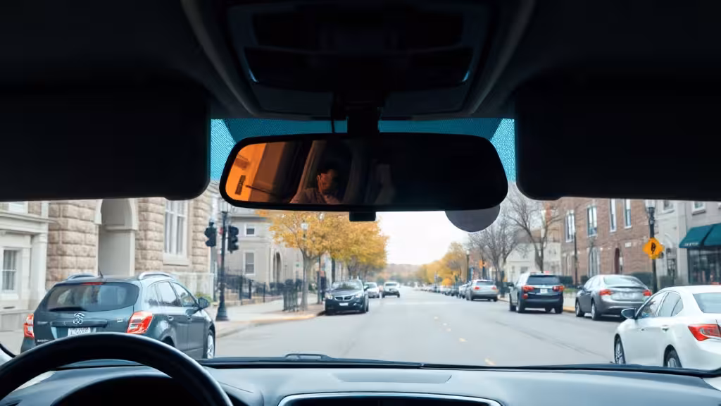 West Virginia dash cam laws illustrated by a windshield-mounted camera near a courthouse street.