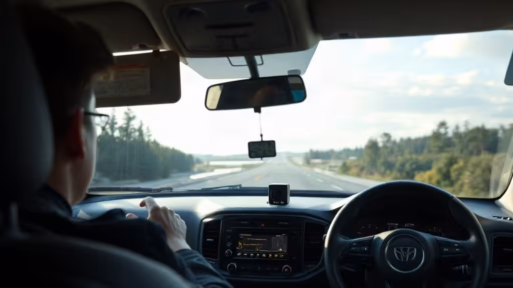 Wisconsin dash cam laws illustrées par une caméra embarquée sur une route boisée.
