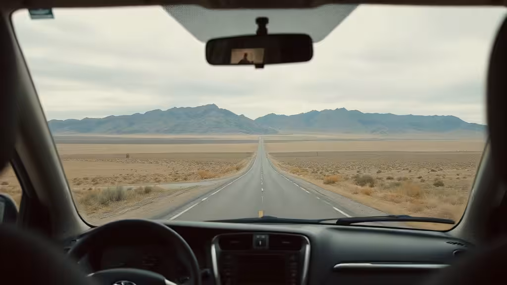 Wyoming dash cam laws illustrated by a windshield camera overlooking an open highway.