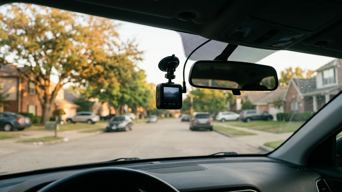 Dash cam mounted on a car windshield with a residential street view in the background — buyer's guide cover image
