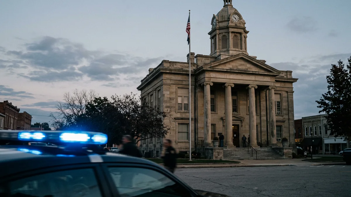 American county courthouse with constable vehicle light bar in foreground — editorial illustration for civil rights lawsuit article
