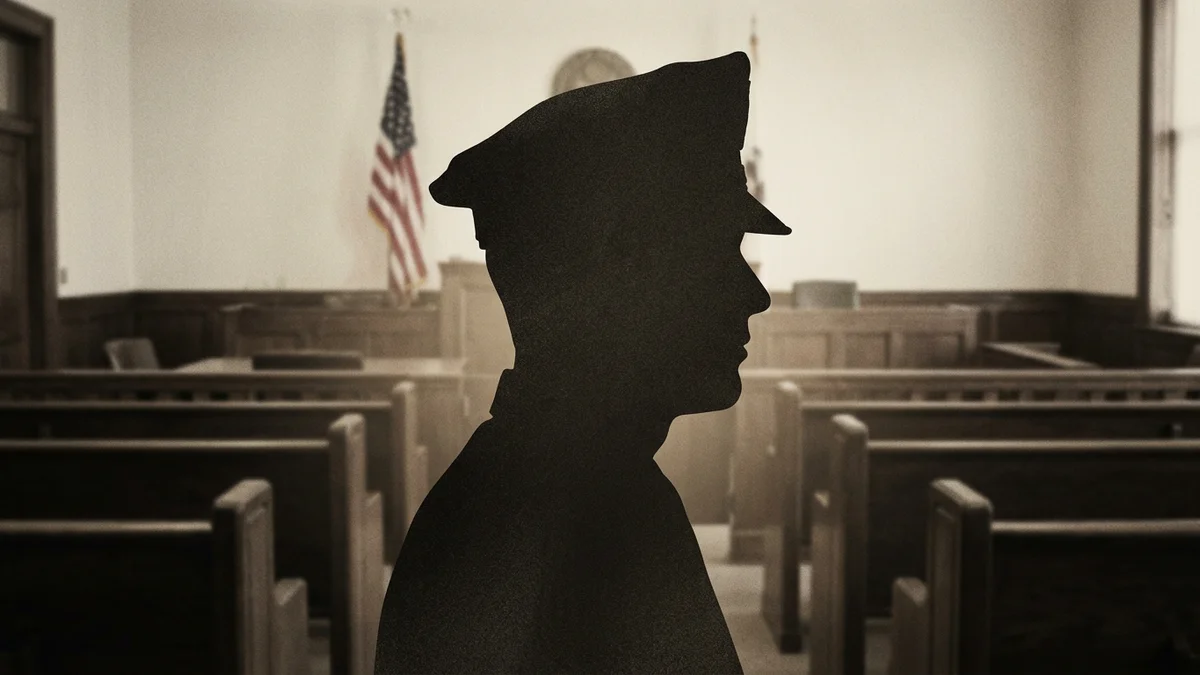 Silhouette of a police officer in profile against a blurred American courtroom — editorial illustration for police accountability article